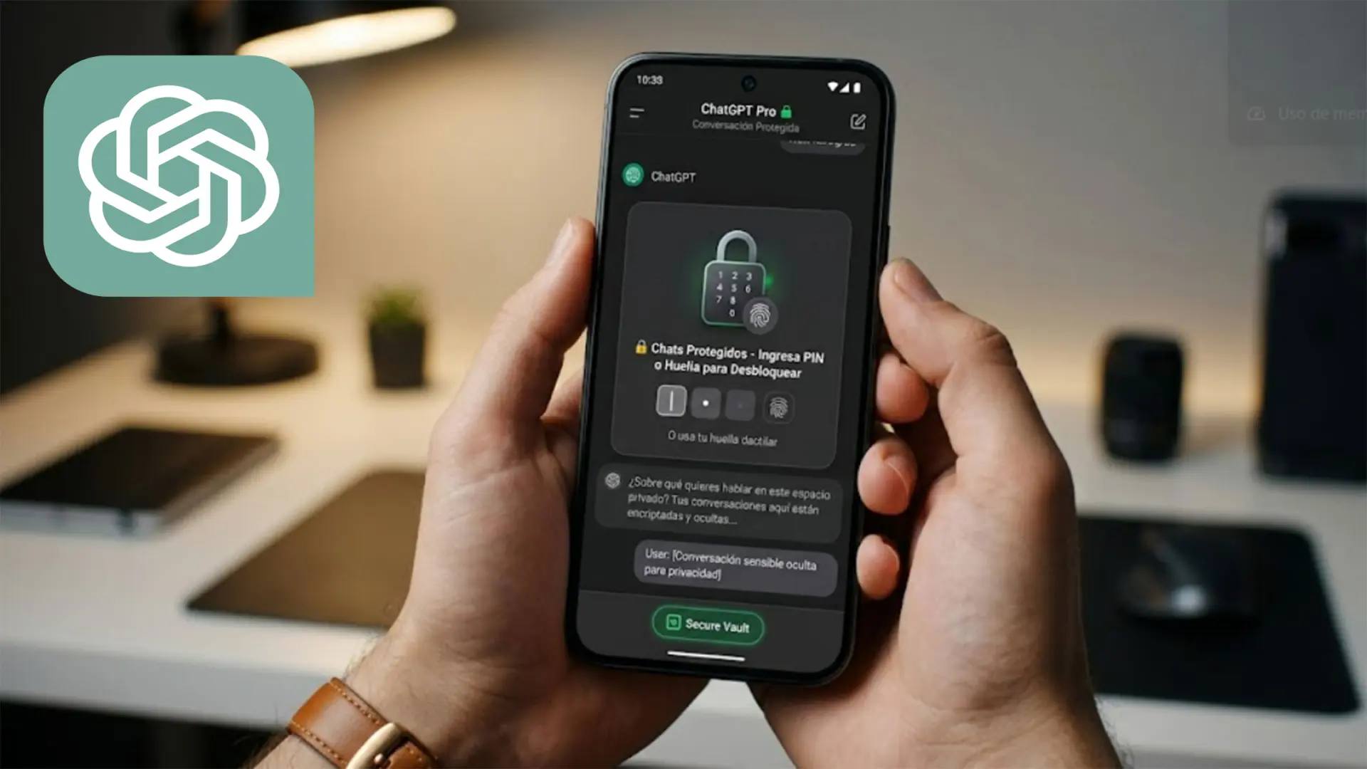 ChatGPT conversas bloqueadas: smartphone com mensagens ocultas atrás de um cadeado e campo de PIN