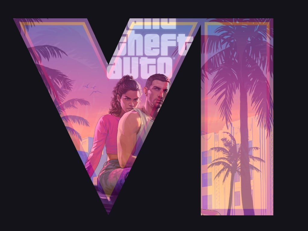 GTA 6 interiores: cidade litorânea tropical ao entardecer com carros esportivos e console com controle em primeiro plano