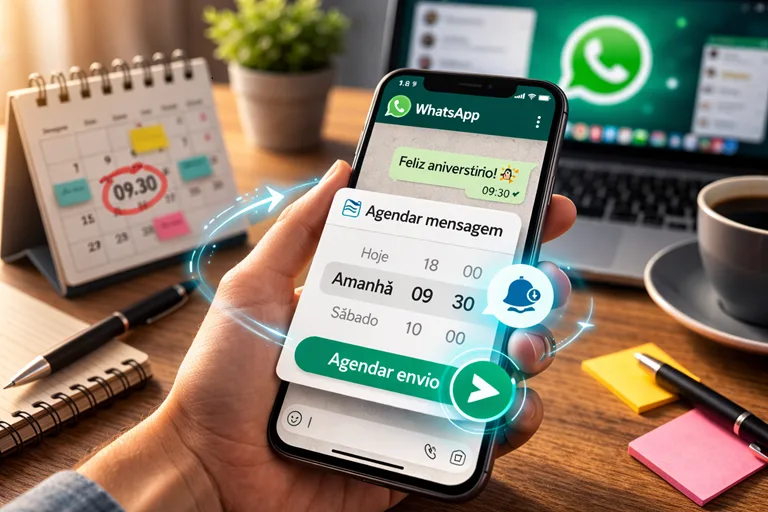 Celular com conversa e ícone de relógio ao lado do botão de enviar, ilustrando o agendamento de mensagens no WhatsApp no iPhone