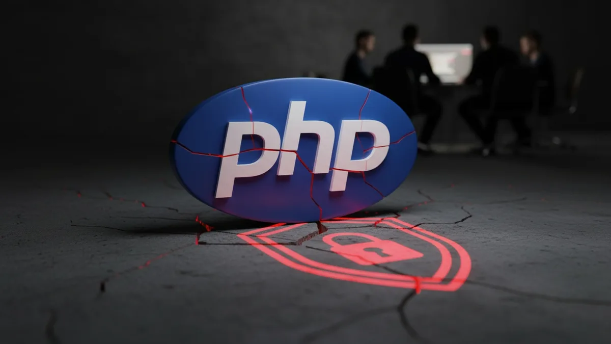 Falhas críticas no PHP: corredor de data center com servidores em alerta vermelho e cadeado digital rachado