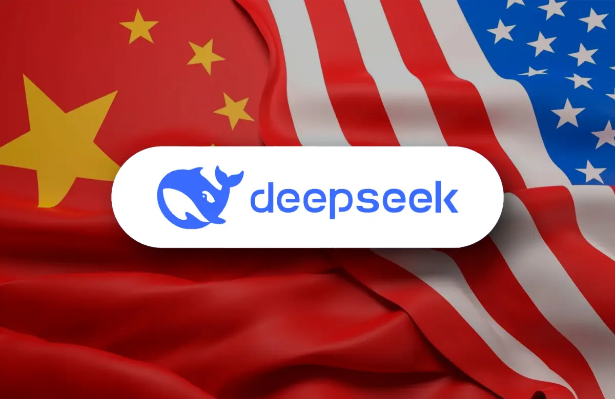 DeepSeek proibido em órgãos federais dos EUA: escritório do governo com monitores de IA e cadeado vermelho