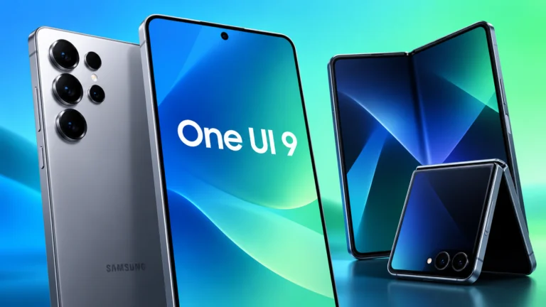 Smartphone Samsung Galaxy sobre mesa com tela de configurações, ilustrando o Galaxy S23 One UI 9