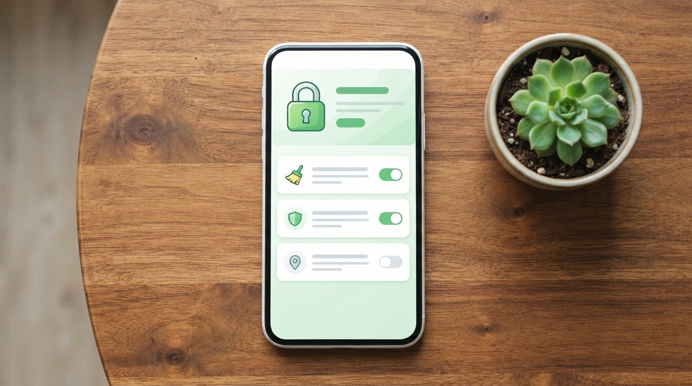 Tela de privacidade de celular com opções para limpar cookies e cache do navegador interno do WhatsApp