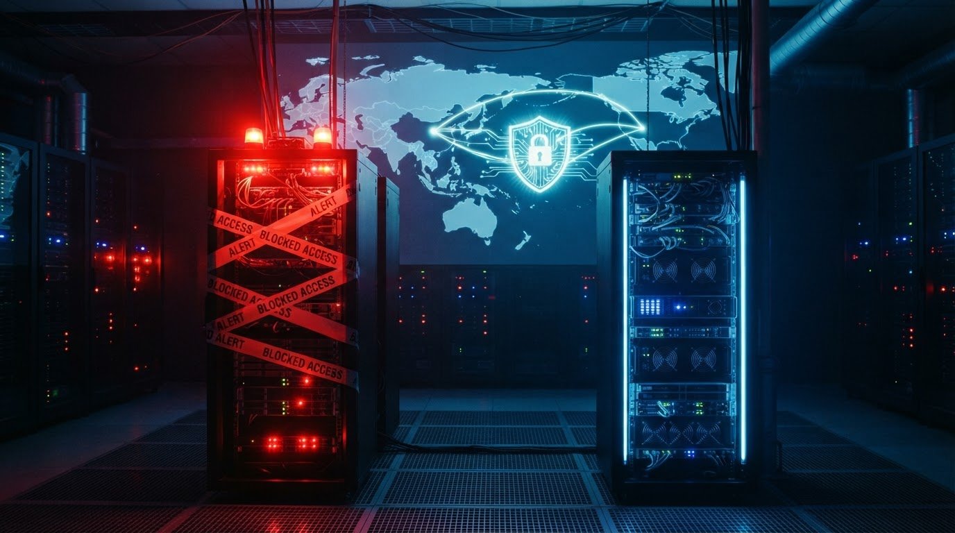 DeepSeek proibido nos EUA: servidores de data center bloqueados e mapa digital ligando Estados Unidos e China
