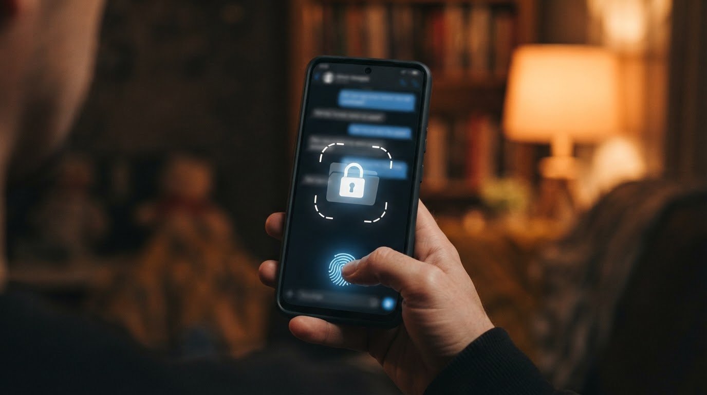 Mão segurando celular com leitor biométrico e pasta protegida por cadeado para chats privados do ChatGPT