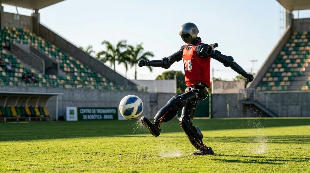Robôs humanoides alcançam precisão de 90% em chutes ao gol após treinamento virtual